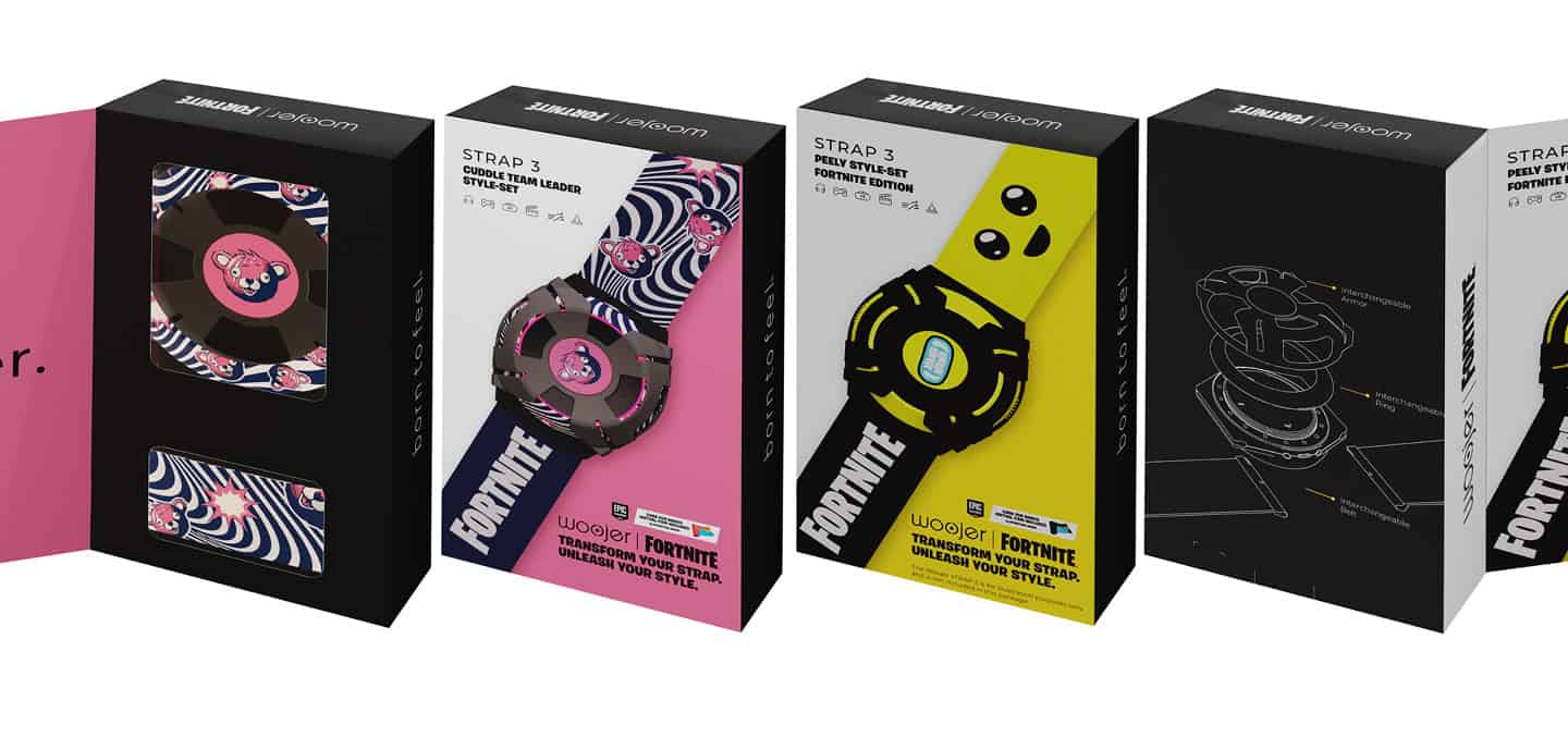 שעון חכם מעוצב עם עיצוב פופי וסגנון פורטנייט, כולל רצועות מתחלפות ואלמנטים צבעוניים.